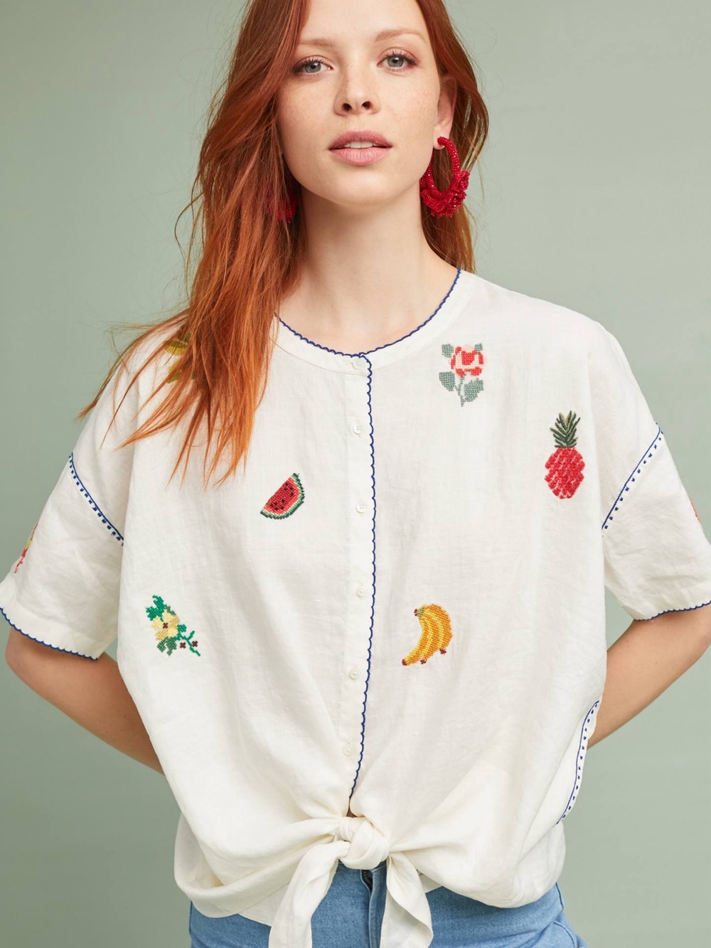 Cream Embroidered Fruit & Floral Tie-Front Top